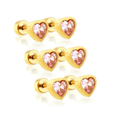 Load image into Gallery viewer, Stainless Steel Gold Color PVD Three Paird Pink Zircon Heart Stud Earrings With Threaded Post And Disc Twist Screw Back