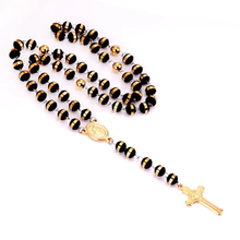 Load image into Gallery viewer, Tresoli Stainless Steel Gold Color PVD Long Scapular Catholic Rosaries Black Beads Christian Cross Pendant Necklace
