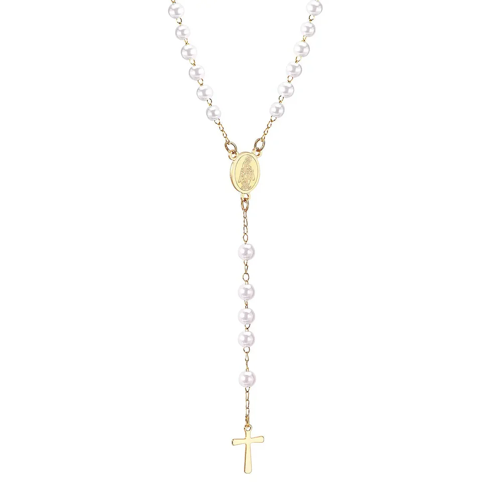 Stainless Steel Gold Color PVD Long Scapular Catholic Rosaries White Beads Christian Cross Pendant Necklace