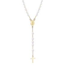 Load image into Gallery viewer, Tresoli Stainless Steel Gold Color PVD Long Scapular Catholic Rosaries White Beads Christian Cross Pendant Necklace