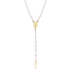 Tresoli Stainless Steel Gold Color PVD Long Scapular Catholic Rosaries White Beads Christian Cross Pendant Necklace