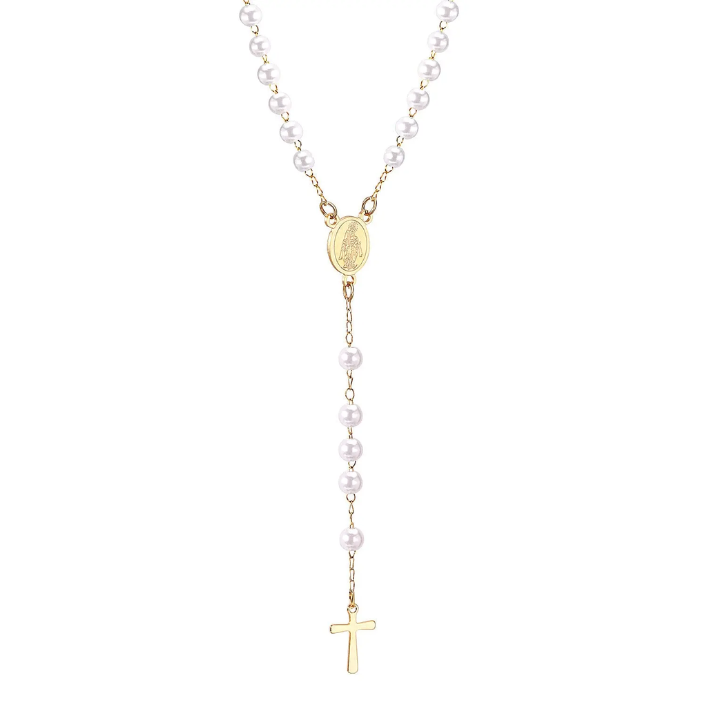 Tresoli Stainless Steel Gold Color PVD Long Scapular Catholic Rosaries Round White Beads Christian Cross Pendant Necklace