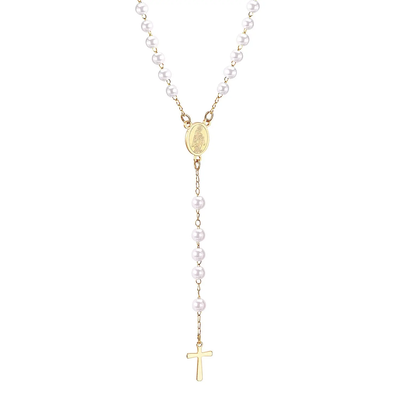 Tresoli Stainless Steel Gold Color PVD Long Scapular Catholic Rosaries Round White Beads Christian Cross Pendant Necklace