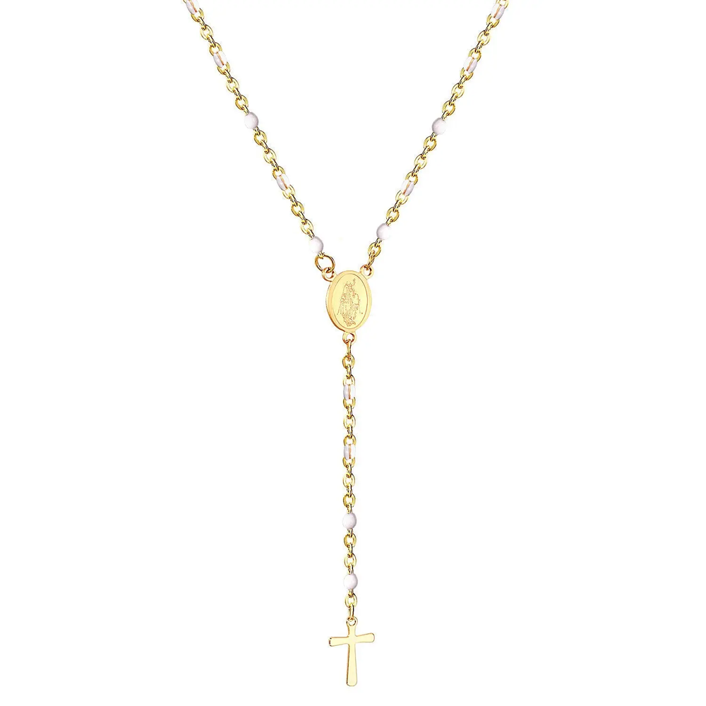Stainless Steel Gold Color PVD Long Scapular Catholic Rosaries Oval White Beads Christian Cross Pendant Necklace