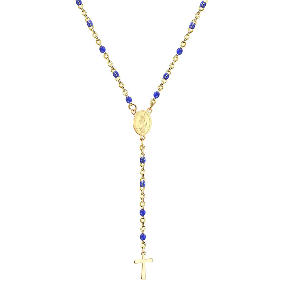 Tresoli Stainless Steel Gold Color PVD Long Scapular Catholic Rosaries Blue Beads Christian Cross Pendant Necklace