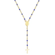 Load image into Gallery viewer, Tresoli Stainless Steel Gold Color PVD Long Scapular Catholic Rosaries Blue Beads Christian Cross Pendant Necklace