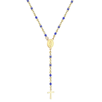 Tresoli Stainless Steel Gold Color PVD Long Scapular Catholic Rosaries Blue Beads Christian Cross Pendant Necklace