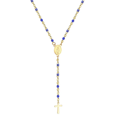 Tresoli Stainless Steel Gold Color PVD Long Scapular Catholic Rosaries Blue Beads Christian Cross Pendant Necklace