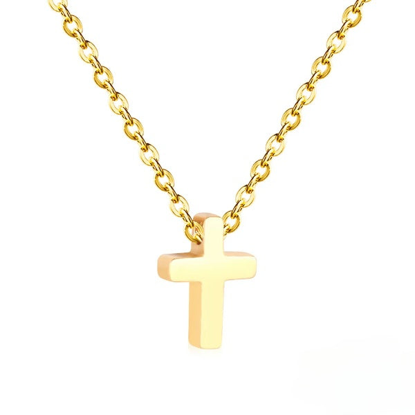 Stainless Steel Gold Color PVD Cross Pendants With Rolo Cuban Link Chain Necklace