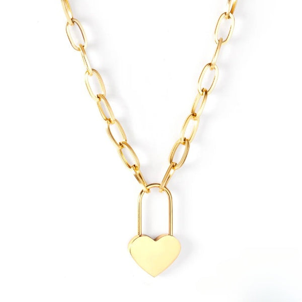 Stainless Steel Gold Color PVD Lock Of Heart With Big Chain Pendant Necklace