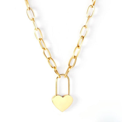 Tresoli Stainless Steel Gold Color PVD Lock Of Heart With Big Chain Pendant Necklace