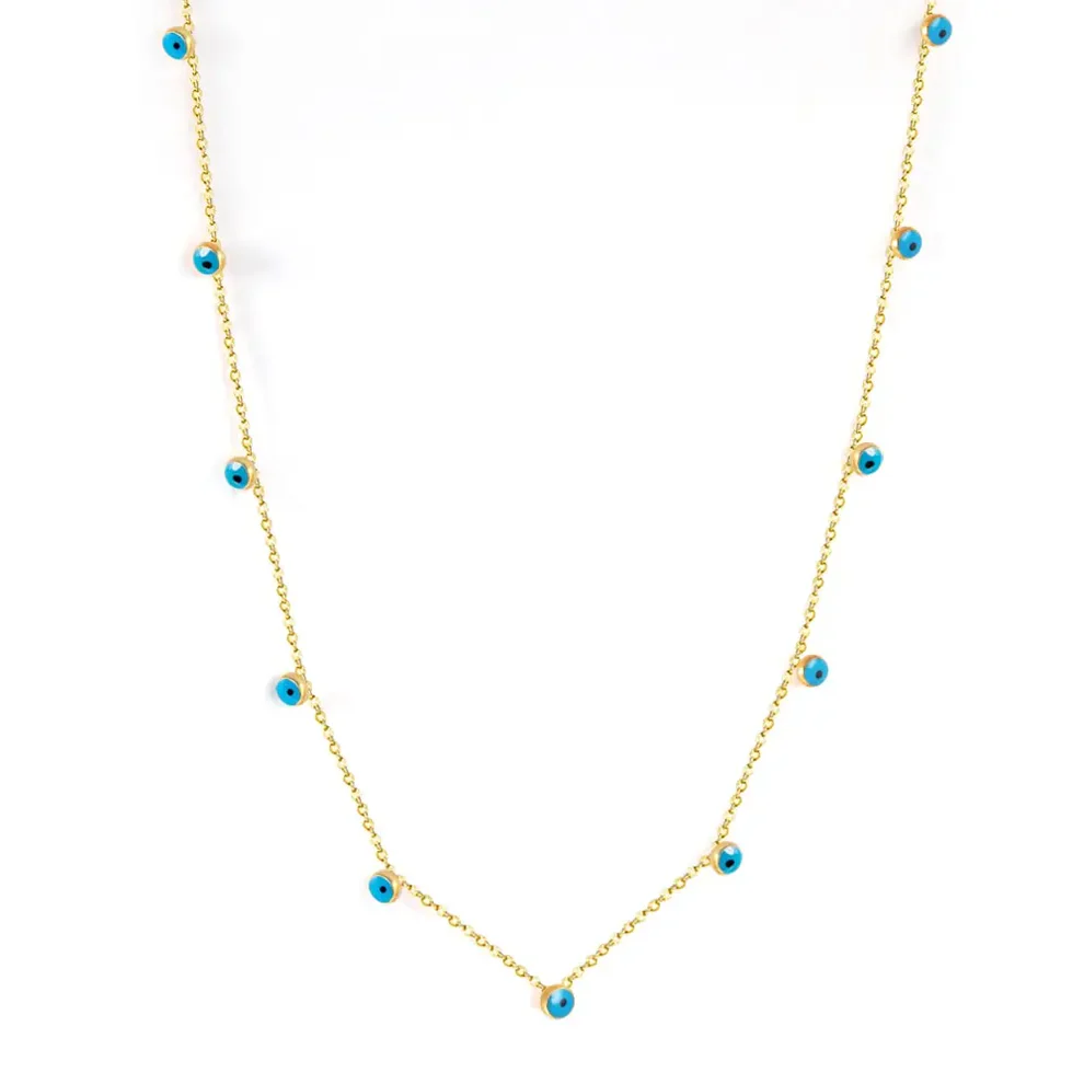 Tresoli Stainless Steel Gold Color PVD Champagne Gold Blue Turkish Evil Eye Necklace