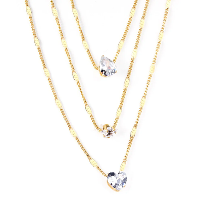 Tresoli Stainless Steel Gold Color PVD Shiny Rhinestone Three Layer Collier Triple Chains Heart Shape Pendant Necklace
