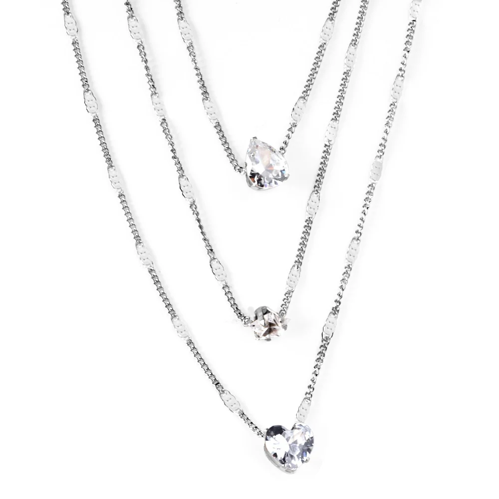 Tresoli Stainless Steel Color PVD Heart, Round And Drop Shape CZ Pendants Triple Chain Necklace
