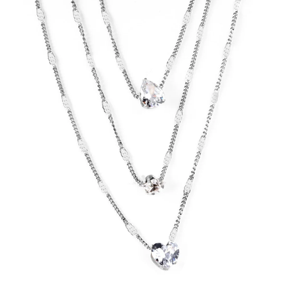 Tresoli Stainless Steel Color PVD Heart, Round And Drop Shape CZ Pendants Triple Chain Necklace