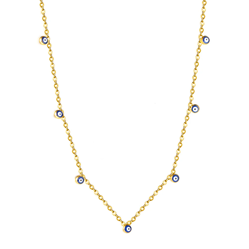 Tresoli Stainless Steel Gold Color PVD 7 Blue Eyed Beads Necklace