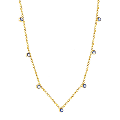 Tresoli Stainless Steel Gold Color PVD 7 Blue Eyed Beads Necklace