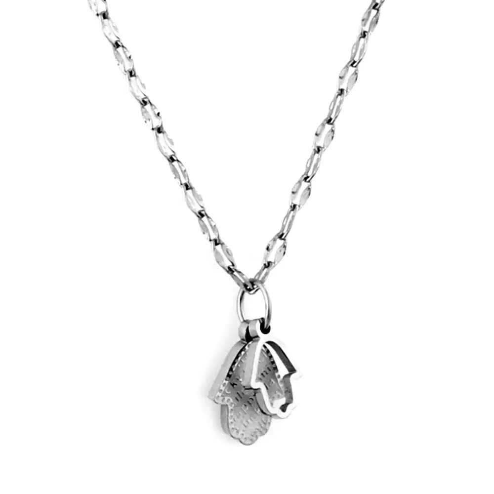 Tresoli Stainless Steel Color PVD Blue White Zinc Plated Hamsa Hand Pendant Necklace