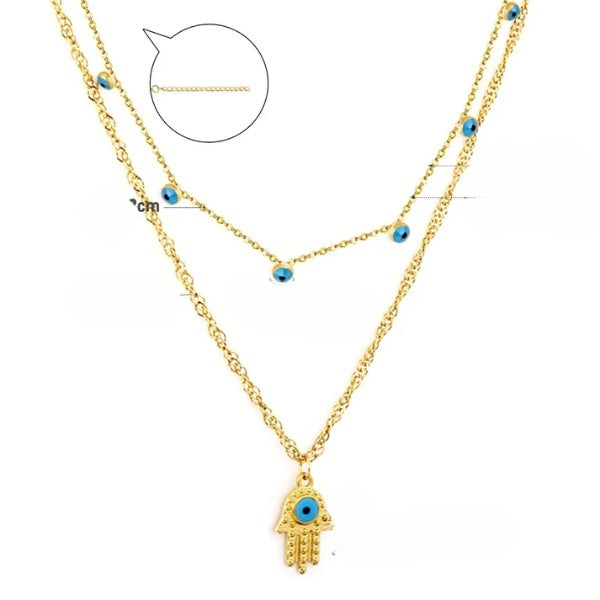 Tresoli Stainless Steel Gold Color PVD Snake Double Chain Evil Eye Pendant Necklace