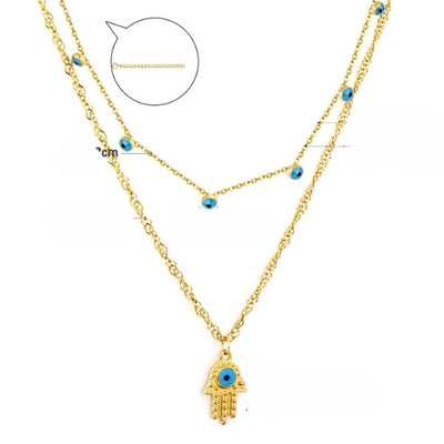 Tresoli Stainless Steel Gold Color PVD Snake Double Chain Evil Eye Pendant Necklace