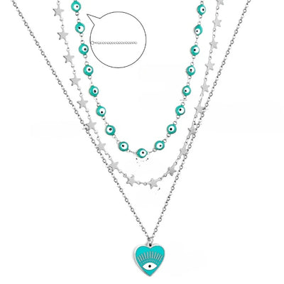 Tresoli Stainless Steel Color PVD Evil Eye And Star Shapes Three Lines Necklace