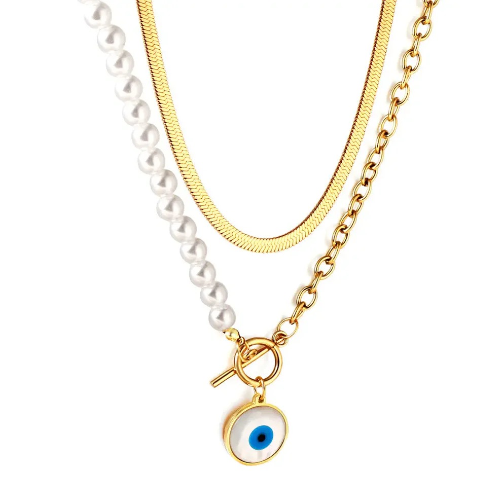 Tresoli Stainless Steel Gold Color PVD Blue Eyes Round Half White Double Chain Necklace