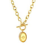 Tresoli Stainless Steel Gold Color PVD Oval With Lucky Star Necklace