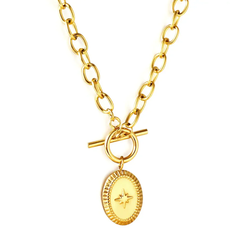 Tresoli Stainless Steel Gold Color PVD Oval With Lucky Star Necklace