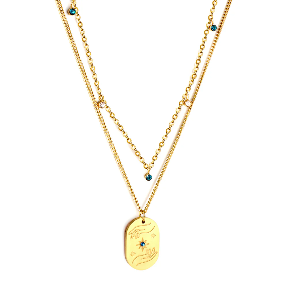 Tresoli Stainless Steel Gold Color PVD Oval Charm Blue Cubic Zirconia Multi Layer Chains Pendant Necklace