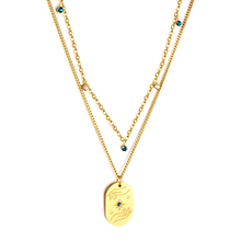 Load image into Gallery viewer, Tresoli Stainless Steel Gold Color PVD Oval Charm Blue Cubic Zirconia Multi Layer Chains Pendant Necklace
