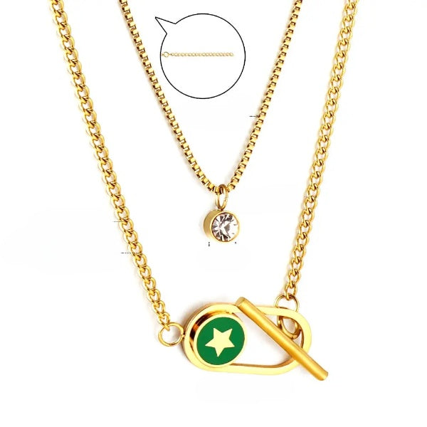 Tresoli Stainless Steel Gold Color PVD Toggle And Round Diamond Double Chain Necklace