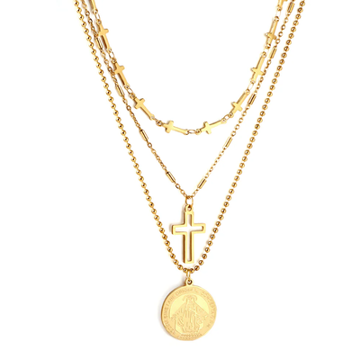 Tresoli Stainless Steel Gold Color PVD Three Chains with Round Pattern and Cross Chain Necklace