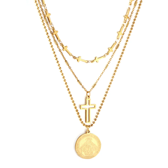 Tresoli Stainless Steel Gold Color PVD Three Chains with Round Pattern and Cross Chain Necklace