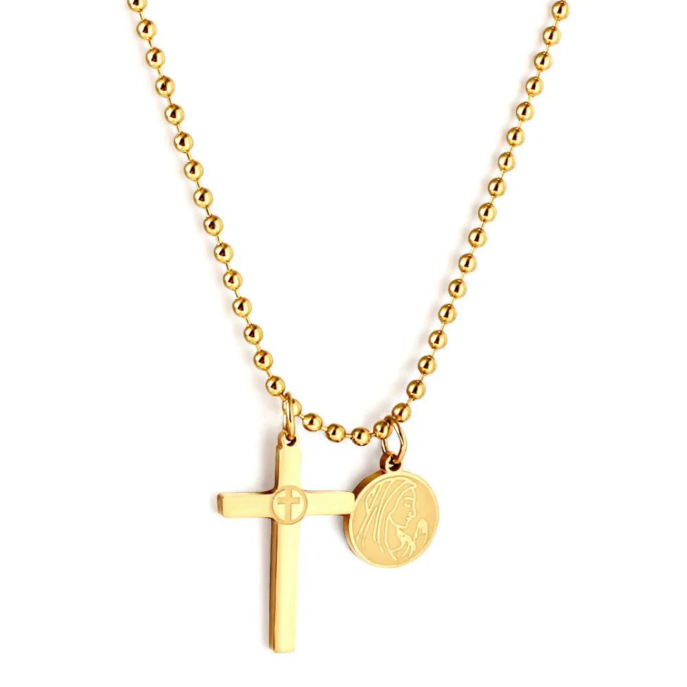 Tresoli Stainless Steel Gold Color PVD Cross And Round With Bead Chain Necklace