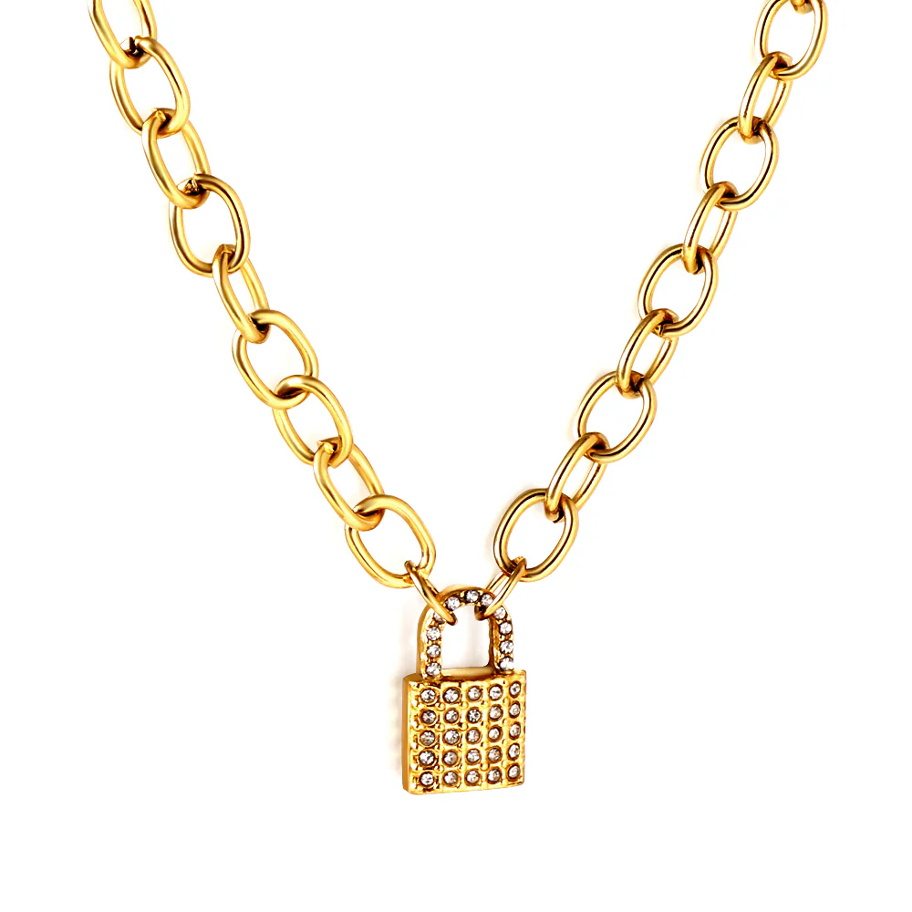 Tresoli Stainless Steel Gold Color PVD Lock With Diamond Necklace