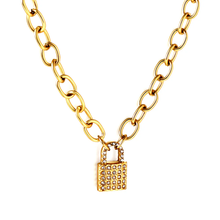 Load image into Gallery viewer, Tresoli Stainless Steel Gold Color PVD Lock With Diamond Necklace