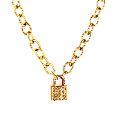 Tresoli Stainless Steel Gold Color PVD Lock With Diamond Necklace