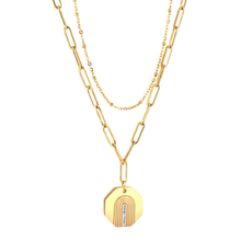 Load image into Gallery viewer, Tresoli Stainless Steel Gold Color PVD Hexagonal With Diamond Double Chain Necklace