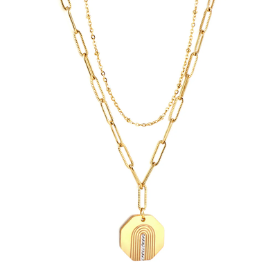 Tresoli Stainless Steel Gold Color PVD Hexagonal With Diamond Double Chain Necklace