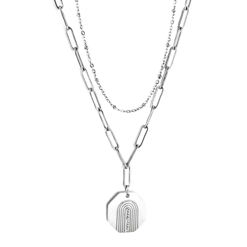 Tresoli Stainless Steel Color PVD Hexagonal With Diamond Double Chain Necklace