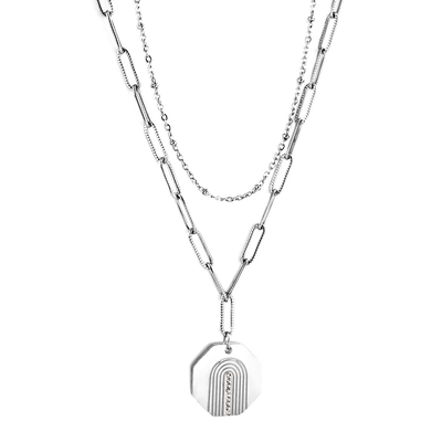 Tresoli Stainless Steel Color PVD Hexagonal With Diamond Double Chain Necklace