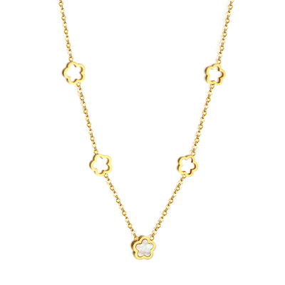 Tresoli Stainless Steel Gold Color PVD 4 Hollow Peach Blossoms And 1 Peach Blossom With White Shell Necklace