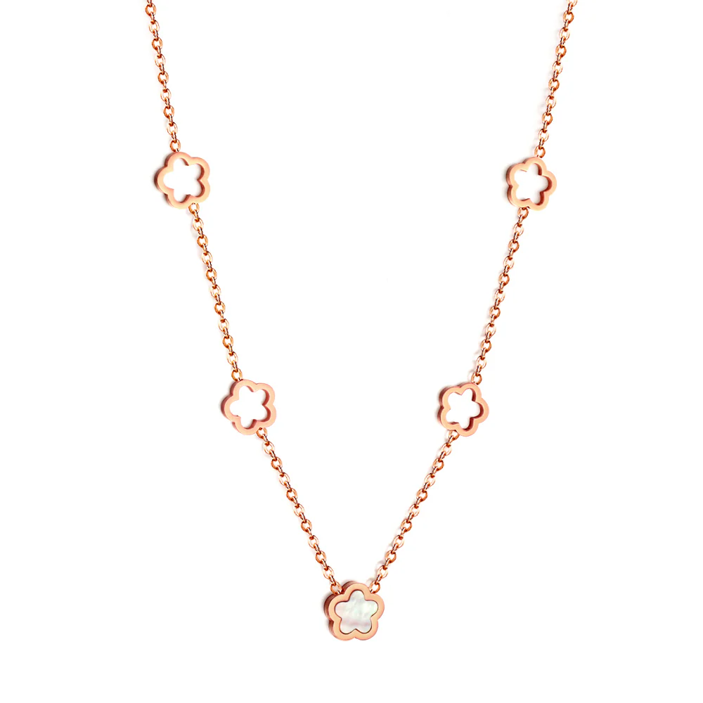Tresoli Stainless Steel Rose Gold Color PVD 4 Hollow Peach Blossom And 1 White Shell Peach Blossom Necklace