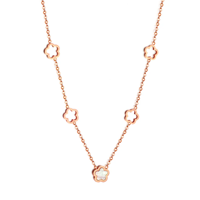 Tresoli Stainless Steel Rose Gold Color PVD 4 Hollow Peach Blossom And 1 White Shell Peach Blossom Necklace