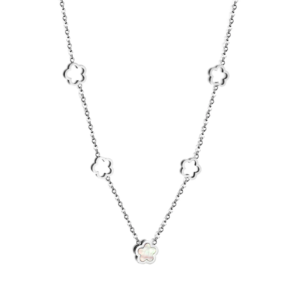 Tresoli Stainless Steel Color PVD 4 Hollow Peach Blossom And 1 White Shell Peach Blossom Necklace