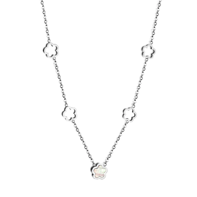 Tresoli Stainless Steel Color PVD 4 Hollow Peach Blossom And 1 White Shell Peach Blossom Necklace