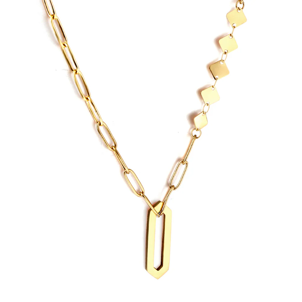 Tresoli Stainless Steel Gold Color PVD Rhombus Cutout And 5 Square Necklace