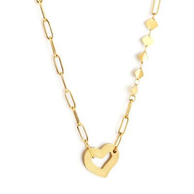 Tresoli Stainless Steel Gold Color PVD Heart Shaped Cutout And 5 Square Necklace
