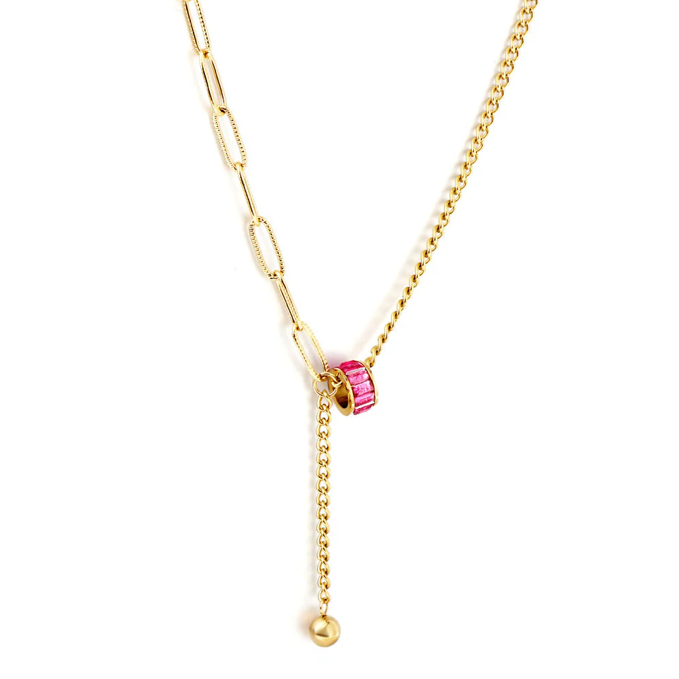 Tresoli Stainless Steel Gold Color PVD Rose Red Zircon Hollow Out Round Ball Necklace