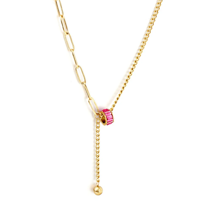 Tresoli Stainless Steel Gold Color PVD Rose Red Zircon Hollow Out Round Ball Necklace